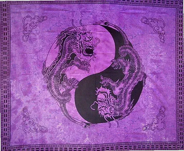 Yin Yang Dragon Tapestry Cotton Bedspread 108" x 88" Full-Queen Purple