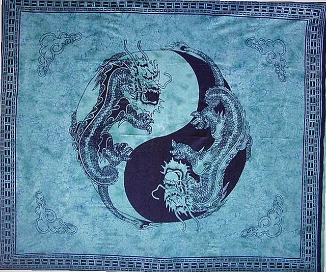 Yin Yang Dragon Tapestry Cotton Bedspread 108" x 88" Full-Queen Turquoise